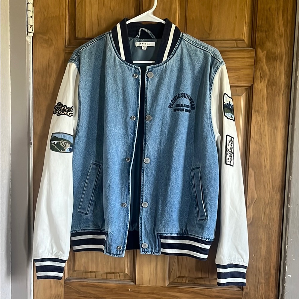 Denim Varsity Jacket with White Sleeves